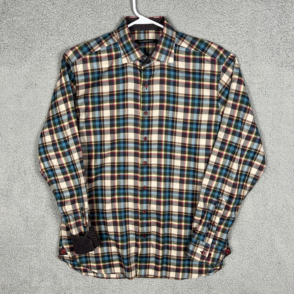 Hammer Made Dress Shirt Mens size 16.5 Multicolor Plaid Flip‎ Cuff Colorful